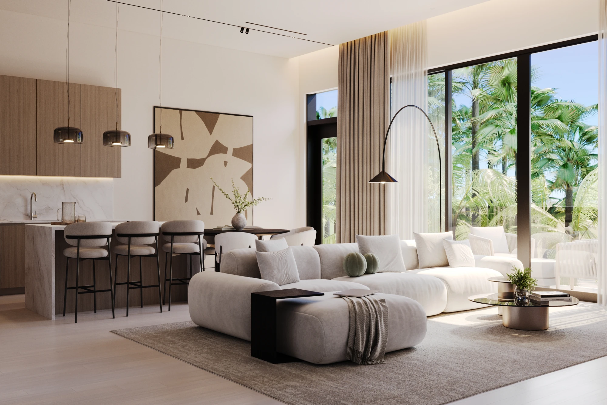 Open-plan living room and kitchen with floor-to-ceiling windows.
