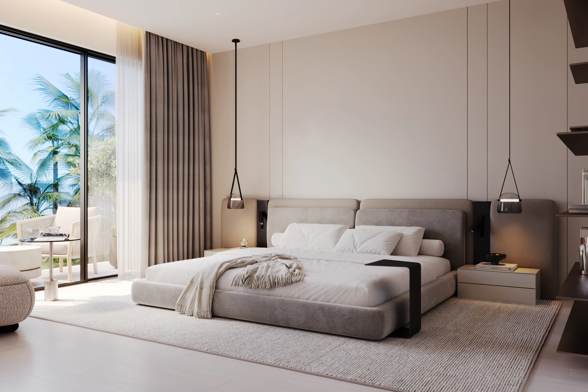 Primary bedroom opening onto a private terrace.